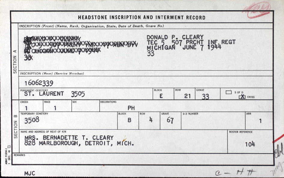 CLEARY Donald P - 507 PIR 82 AD