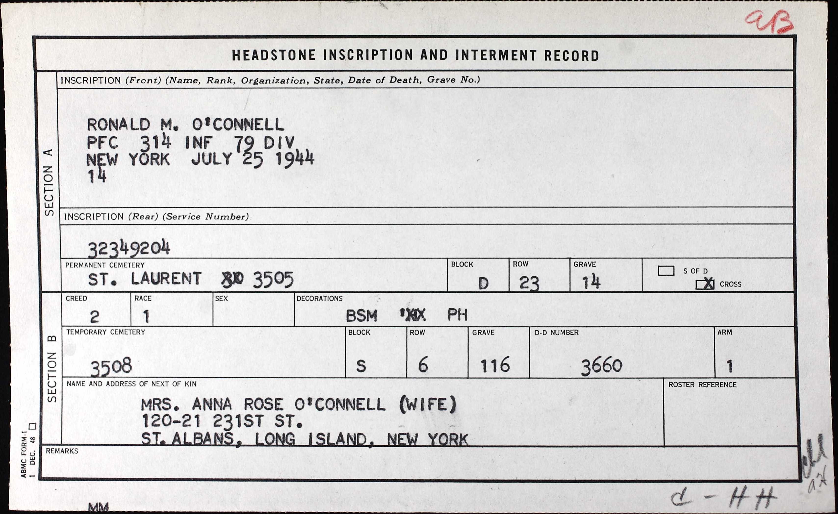 oconnell ronald Headstone Inscription