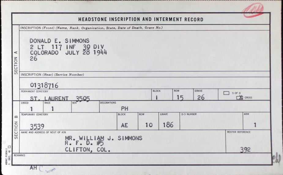 SIMMONS Donald E - 117 IR 30 ID