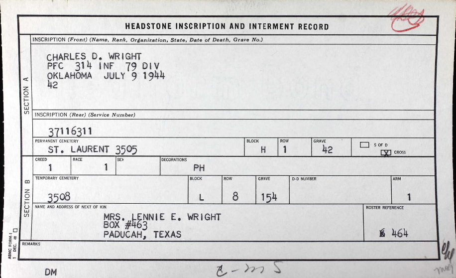 WRIGHT Charles D - 314 IR 79 ID
