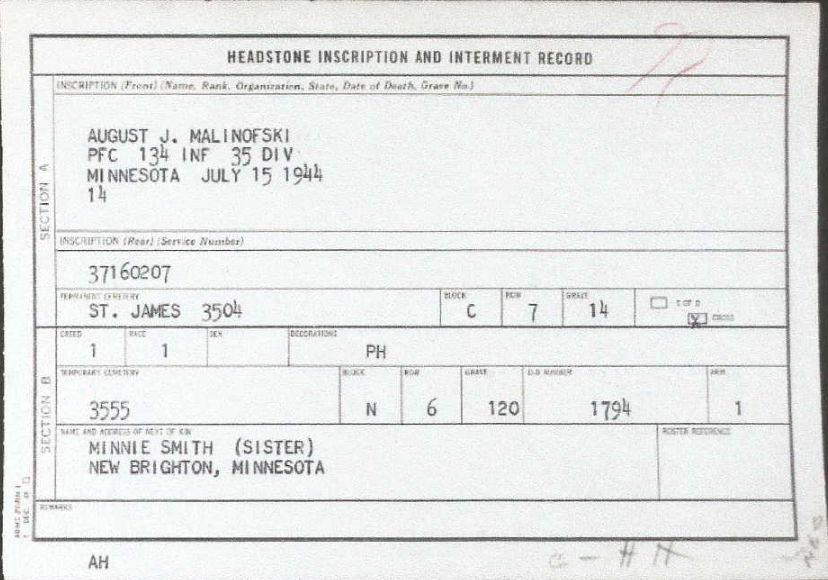 MALINOFSKI August J - 134 IR 35 ID